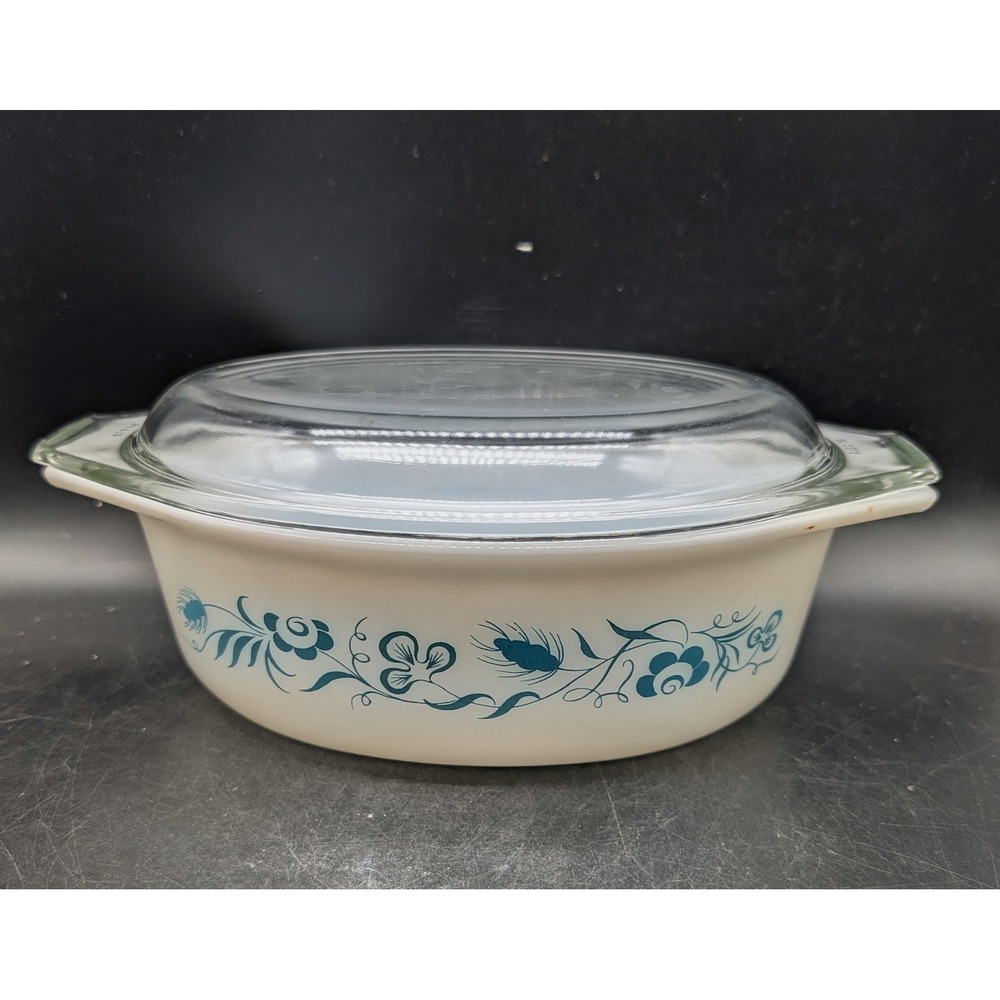 Vintage Pyrex Meadow Oval Casserole Dish with Clear Glass Lid Teal Floral 043